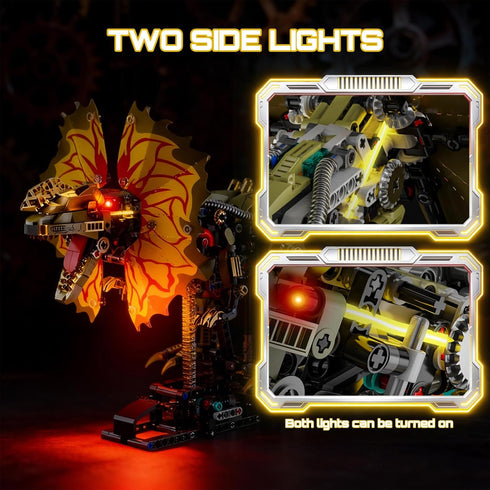 HJPLPXH 1277 Set Pcs Mechanical Dilophosaurus Building Blocks Steampunk Dinosaur Model with LED Eyes and Manual Linkage