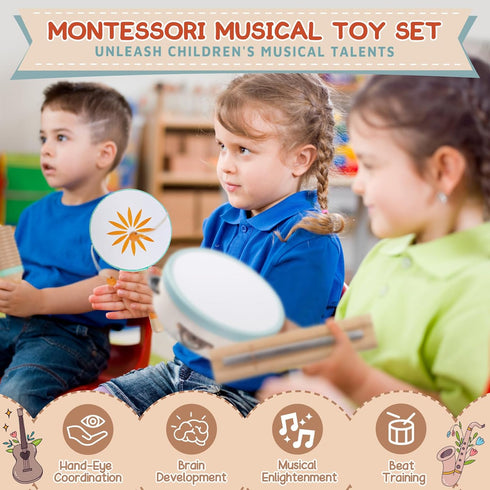 Baby Musical Instruments Set - Montessori Wooden Percussion Toys for Toddlers 1-3, Modern Boho Music Toys