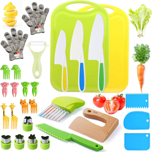 Kids Knife Set for Real Cooking - 4 Plastic Safe Knives, Crinkle Cutter, Y Peeler, Cutting Boards, Kitchen Gloves,