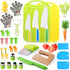Kids Knife Set for Real Cooking - 4 Plastic Safe Knives, Crinkle Cutter, Y Peeler, Cutting Boards, Kitchen Gloves,