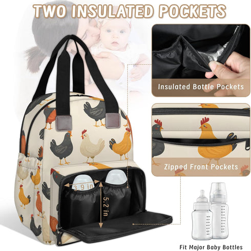 Shoblo Backpack Chicken Rooster Diaper Bag for Travel, Waterproof Diaper Bag with Insulated Bottle Pockets & USB Port