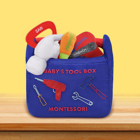 10-Piece Playset, Hammer, My First Tool Box Baby, Soft Plush Sensory Baby Tool with Electric Drill, Saw, Wrench