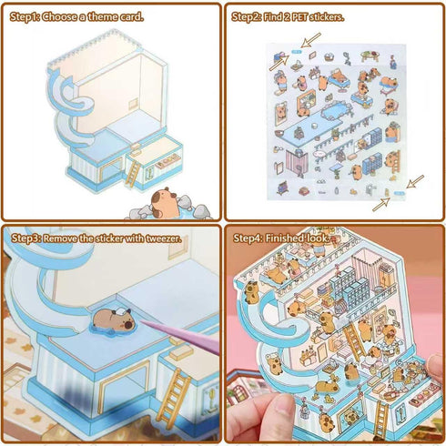 Generic 20 Sets 3D Box-Packed, Sticker Scene Craft Kit - with Tweezer & Reusable Miniature Cartoon House Stickers Fun
