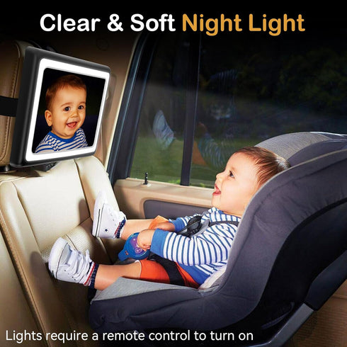 360 (2 Pack) Baby Car Mirror with Light - Remote Control, Adjustable, Shatter Resistant Car Seat Mirror - Clear Night