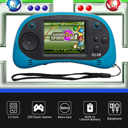 EASEGMER 16 Bit Kids Handheld Game Player - 220 HD Video Games, 2.5 Inch Portable with Headphones (Blue)
