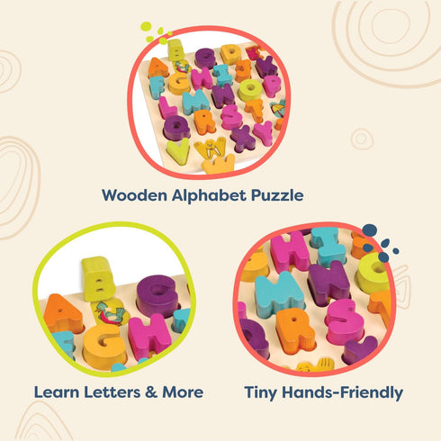 B. toys Alpha B. Tical Wooden Alphabet Puzzle - 26 Chunky Letter Pieces, Educational Toy for Toddlers