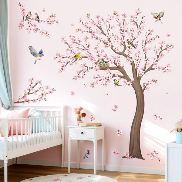 decalmile Large Cherry Blossom Tree Wall Stickers Pink Flower Birds Tree Branch