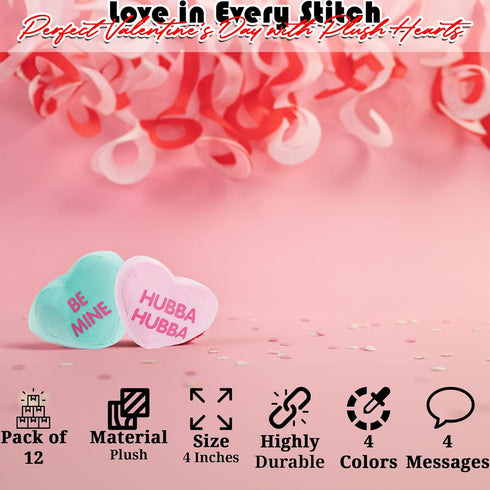 Fun Express 12 Pcs Plush Conversation Hearts - 4 inch, 4 Colors and Messages for Valentine's Day