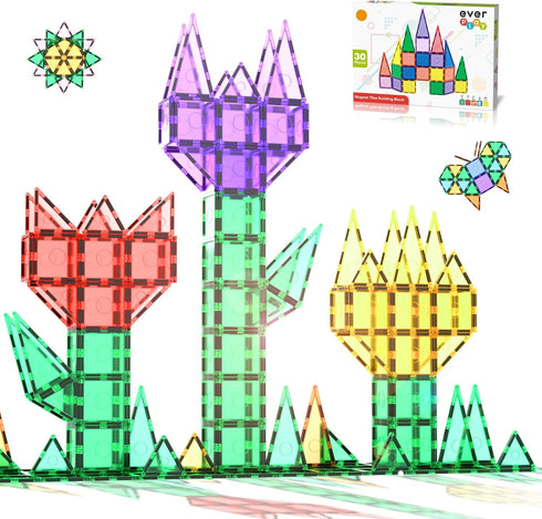 Everplay 30pc Magnetic Tile Building Block Set, Construction Magnet Tiles Toy Blocks STEM Educational Learning Kit