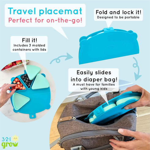 3 Silicone On-The-Go Snack Mat Foldable Reusable Placemat with Compartments and Lids Travel-Friendly Baby and Toddler