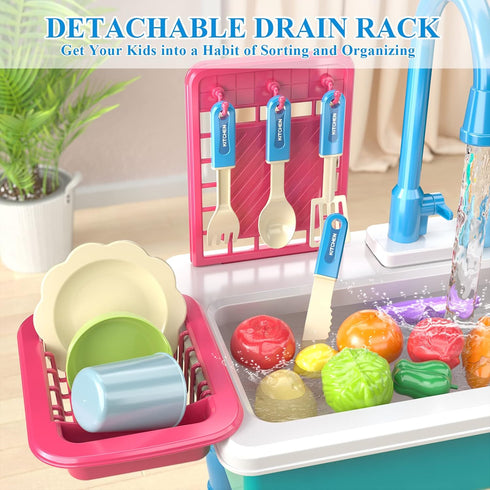 SmartChef Set Set Play Kitchen Sink Toys, Blue Electric Dishwasher Playing Toy with Running Water, Play Food