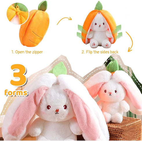 2PCS Reversible Plush Toy Pillow, Cute Carrot Strawberry Bunny Plush with Zipper, 7" Birthday Gift for Kids