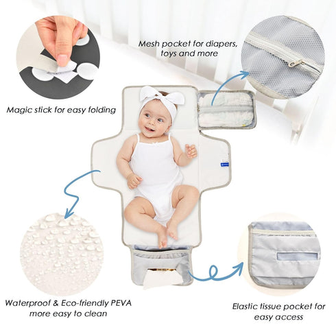Gravopti Portable Diaper Changing Pad, Waterproof Baby Changing Pad with Built-in Pillow, Black and White Polka Dot