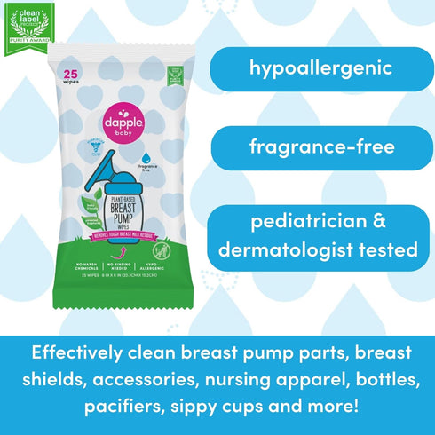 25 Count (2 Pack) Dapple Breast Pump Wipes, Powered by Plants, Hypoallergenic, Removes Milk Residue, Fragrance Free