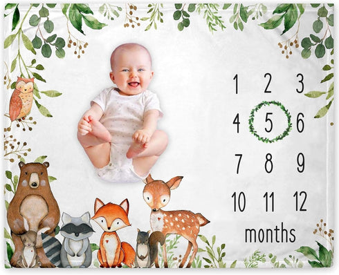 Woodland Baby Monthly Milestone Blanket, 50"x40", Growth Chart with Woodland Animals, Includes Marker