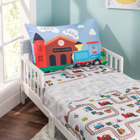 4 Set EVERYDAY KIDS Piece Toddler Bedding -Choo Choo Train- Includes Comforter, Flat Sheet, Fitted Sheet and Reversible