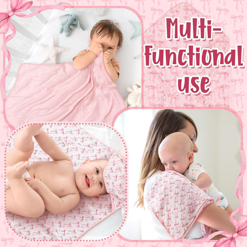 Hahafelt 2 100% 32x32inch Pcs Pink Bow Baby Hooded Towels for Newborn Muslin Cotton Baby Bath Towel with Hood