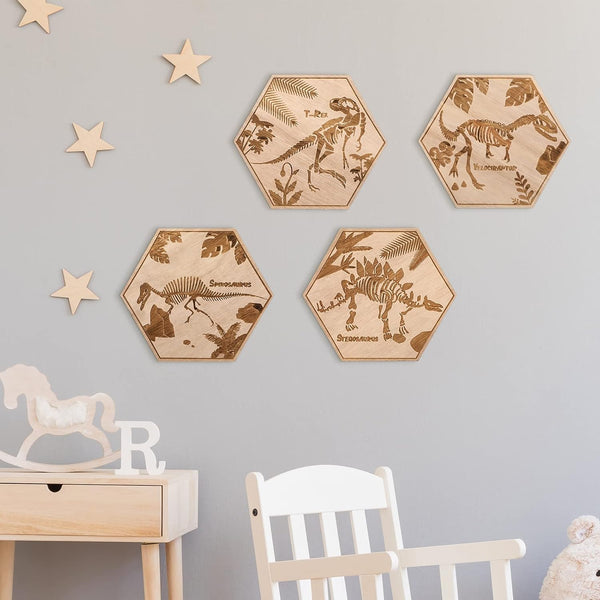 Maitys 4 Pcs Dinosaur Wall Decor for Boys, 5.1'' x 5.9'' Wooden Dino Art for Kids Baby Nursery Playroom Bedroom