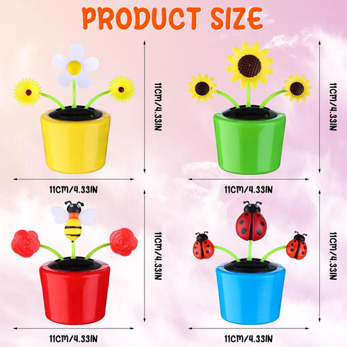 4 Solar Dancing Bee Toy, Solar Powered Dancing Sun Flower in Colorful Pots, Animated Bobblehead Dancer