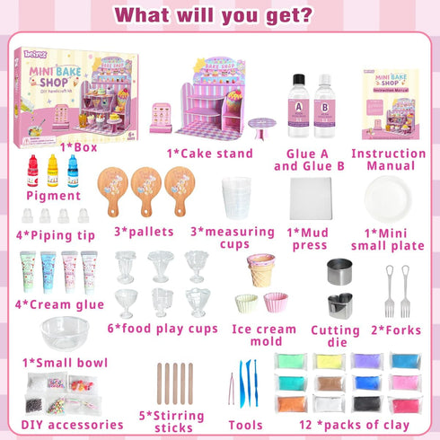 Set, 14Pcs 8+ Mini Bake Shop DIY Toy Making Pretend Desserts & Cakes, Resin & Clay Kitchen Play Kit, Scene Display