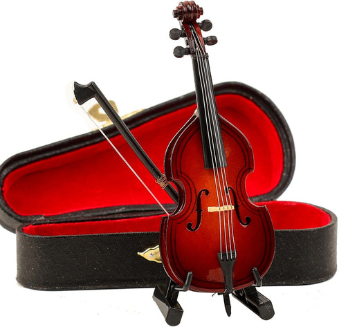 Dselvgvu (3.94"x1.51"x0.91") Wooden Miniature Double Bass with Stand, Bow and Case Mini Musical Instrument Contrabass