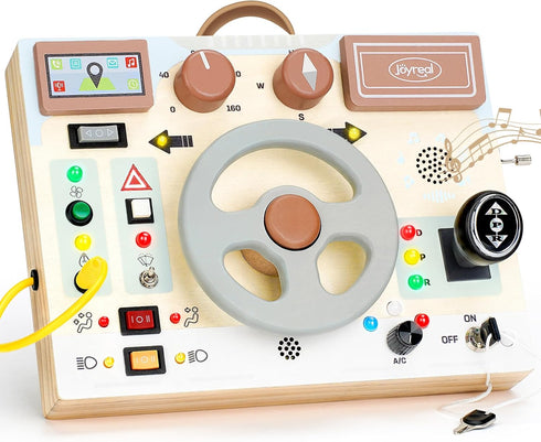 Joyreal Toddler Busy Board with LED Lights, Steering Wheel, Sounds, Montessori Toys
