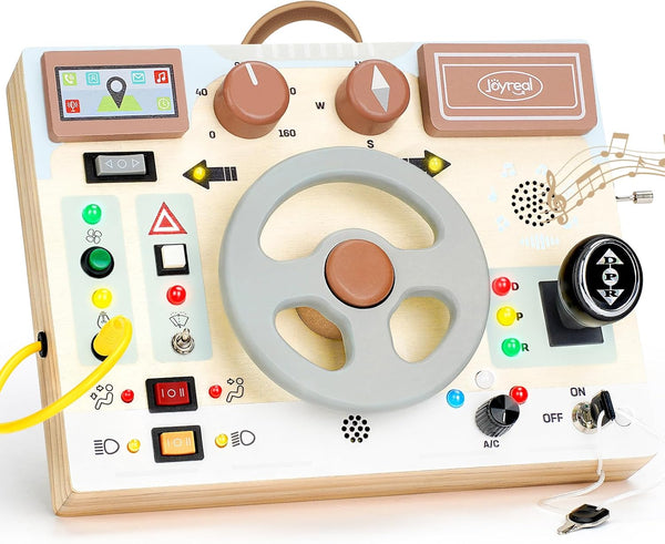 Joyreal Toddler Busy Board with LED Lights, Steering Wheel, Sounds, Montessori Toys