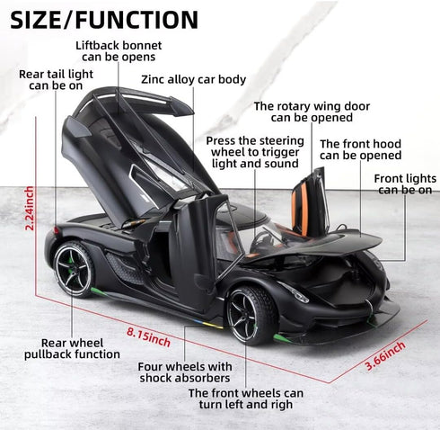 Jesko Metal Die Cast Toy Cars for Boys 1/24, Pull Back Jesko Model Car with Light and Sound, Gifts for Ages 3+