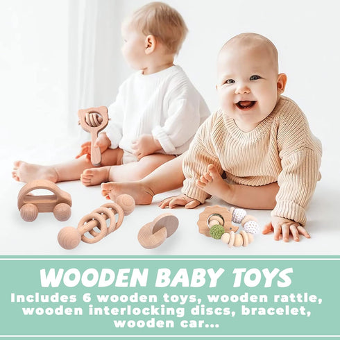 6 Set- 0-6 0-6 Pieces Toy Wooden Baby Toys for Babies Months,Wooden Toys for Babies Rattles with Bells,Wooden Rattles