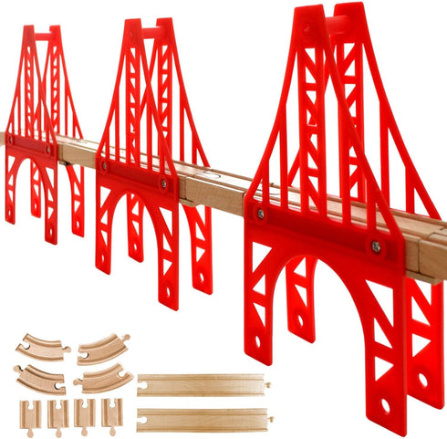 OrgMemory Wooden Train Bridges, 3 Suspension Bridge, Wooden Train Track Accessories, Wood Train