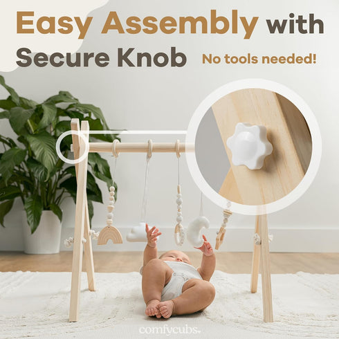 5 Comfy Cubs Wooden Baby Play Gym - Natural Finish Pinewood Baby Activity Gym with Sensory Hanging Toys - Easy No-Tool
