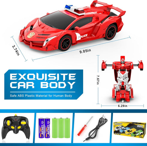 Transform Remote Control Car Robot, 1:18 Scale Police Car with Flashing Light, 360 Degree Rotating Drifting