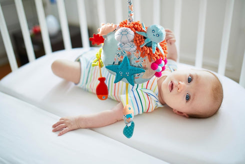 0-6 Miniland Baby Teether, Plush Baby Rattle, Toddler Toy for Teething, Sensory Development and Textured Fun, Fully
