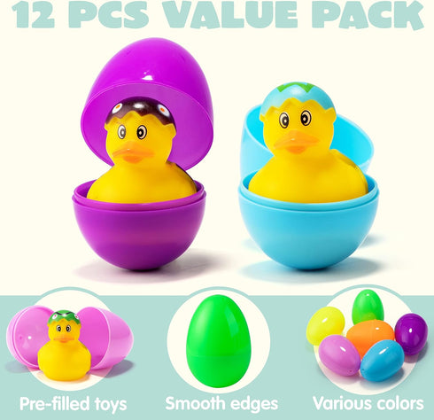 12 JOYIN Pcs Filled Easter Eggs with Rubber Duck and Rabbit Duckies, Bright Colorful Prefilled Easter Eggs for Kids Fun