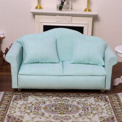 Dollhouse Couch Miniature Sofa with Pillows Dollhouse Living Room Funiture 1:12 Scale Model 3 Pcs High Simulation Upholstered Wooden Fabric Armchair Mini Room Artificial House Scene Decoration (Green)