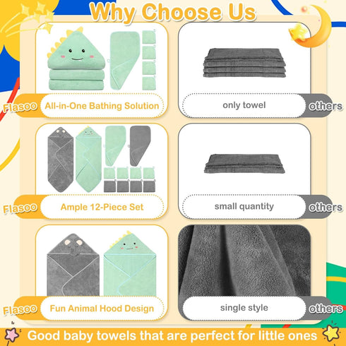 12 Set, Set, 2 2 8 Flasoo Pcs Baby Towel Soft Baby Bath Towels and Washcloths Pcs Hooded Baby Towel, Pcs Baby Burp