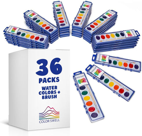 Color Swell Bulk Watercolors Paint Pack with Wood Brushes - 36 Sets