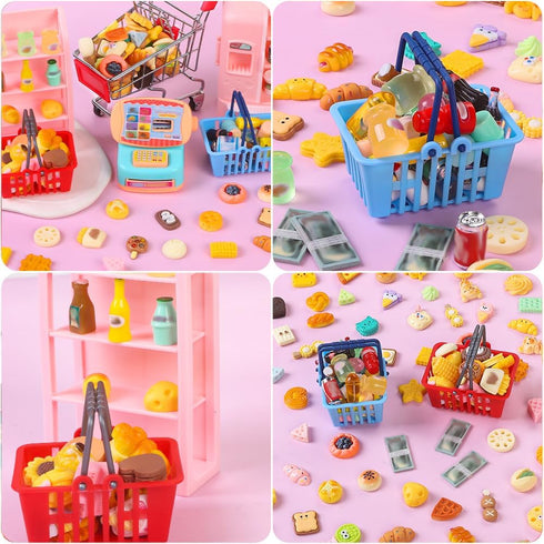 DULEFUN 143pcs Mini Shopping Cart Basket Miniature Food Drink Bottle Toys, Supermarket Shelve Metal Handcart Cash