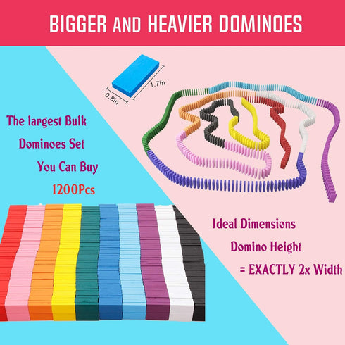 1200 Piece Dominoes Set for Kids - Colorful Wood Domino Tiles for Building, Stacking, Racing & Educational Play