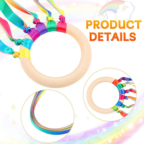 12 Pcs Rainbow Ribbon Wooden Waldorf Toys, Creative Hand Kite Set with Wood Ring for Educational Playroom Dancing.