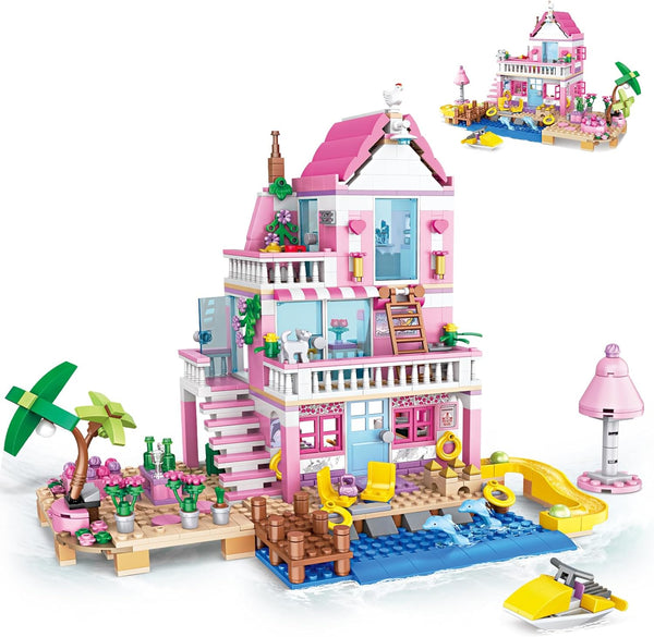 Pink Girls Seaside Beach Villa Friends Building Set, Compatible with Lego Friends Educational Toy for Kids Age 6-12