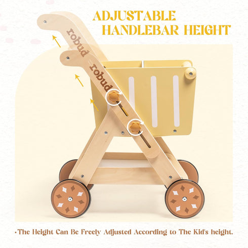 ROBUD Baby Push Walker Doll Stroller, Wooden Shopping Cart for Girls Boys, Adjustable Height Walker for Kids