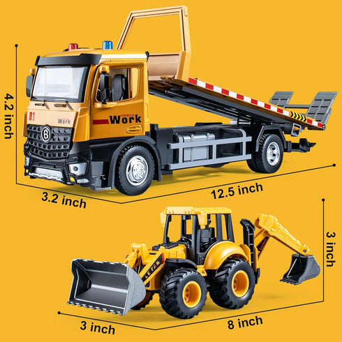 Tow Truck Toy Metal Cab with Flatbed, Friction Powered Transport Trailers with Lights and Siren Sounds