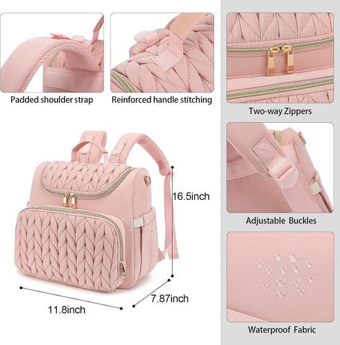 Bevkois Backpack Small Diaper Bag Quilted Mini Baby Crossbody Diaper Bag Tote for Mom and Baby Girls Boys (Pink)