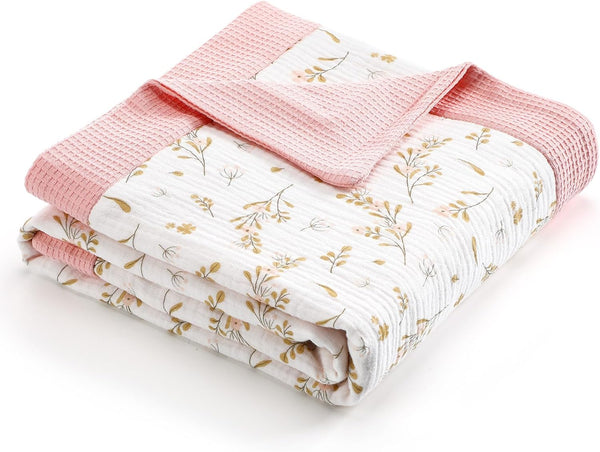 Hillsuren Flower Waffle Baby Blanket, 30x40 Inch Muslin Swaddle Blanket, Soft 5 Layers
