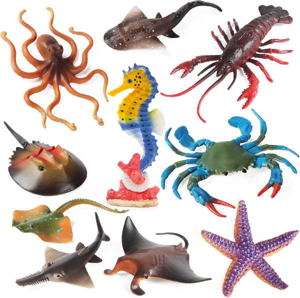 10Pcs Ocean Animals Toys Figures, Large Plastic Sea Creature Figurines Seahorse Starfish