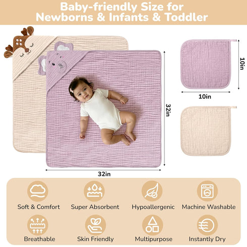 4 Set, 100% 2 32x32 Inch 2 PCS Muslin Baby Bath Towels Cotton PCS Animal Hooded Baby Towels & PCS Washcloths, Ultra