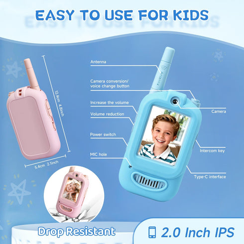 YUSSBCU 2 Pack 3-12 Video Walkie Talkies for Kids, Handheld Rechargeable Video Intercom Kids Walkies Talkies, Indoor