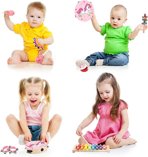 Kids Musical Instruments Set, 12 Pcs Wooden Percussion Toys Tambourine Xylophone for Preschool Education Gift