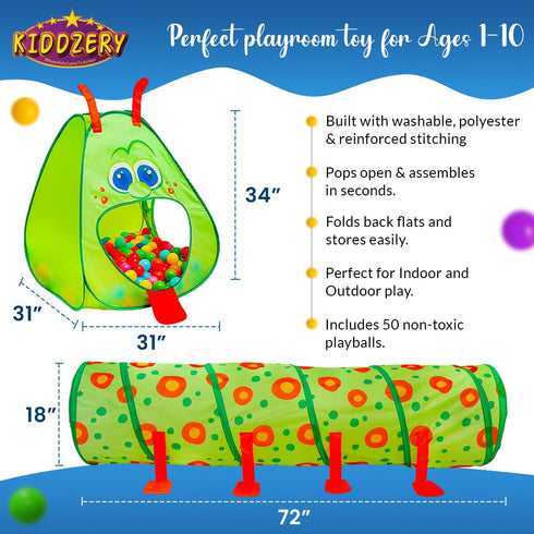 50 2 Kiddey Caterpillar Kids Play Tunnel and Tent with Balls Pc. Crawl Through Baby Ball Pit Pop up for Toddler